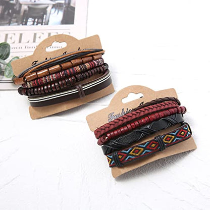 HZMAN Wrap Bracelets Men Women, Hemp Cords Wood Beads Ethnic Tribal Bracelets, Leather Wristbands - style: 2Pcs Leather Bracelets