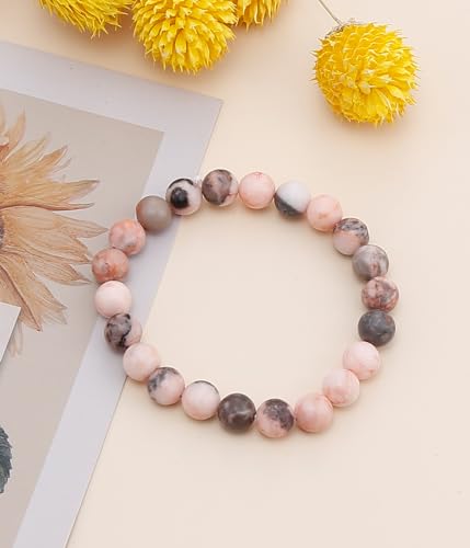 BOMAIL Natural Stone Bracelet for Women Men - 8MM Semi-Precious Gemstone Beaded Bracelet Healing Crystal Stretch Bracelet Yoga Bracelets Jewelry - color: Pink Zebra Stone