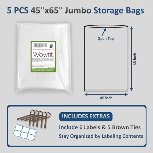 Wowfit 5 CT 45x65 inches Extra Large Clear Plastic Bags Perfect for Car Seat, Luggage, Suitcase, Stroller, Chair, Kids Bike and Attic Storage (3 Mil Flat Bags) - size: 45"x65"