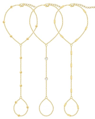 3PCS 14K Gold-Plated Hand Chain Bracelets for Women, Stack Bracelets Set Adjustable, Trendy Dainty Ring Bracelet Hand Chain - color: gold-5-trendy
