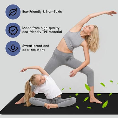 Extra Wide Yoga Mat 72" x 32", 6mm Non Slip TPE Exercise Mat with Carrying Strap, Large Workout Mat for Yoga, Pilates, Stretching, HIIT & Home Gym - color: black