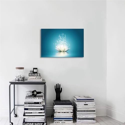 Lotus Wall Art Flower Canvas Poster Lotus Bloom in Water Picture Zen Prints Teal Blue Painting Room Aesthetic for Living Room Bedroom Yoga Spa Meditation Spiritual Wall Decor 12x18 inches, Unframed
