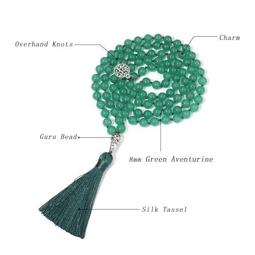 108 Mala Beads Necklace Semi-Precious Gem Stones Meditation Necklace 108 Hand Knotted Japa Mala Beaded Tassel Necklace with Tree of Life Pendant - color: Green Aventurine