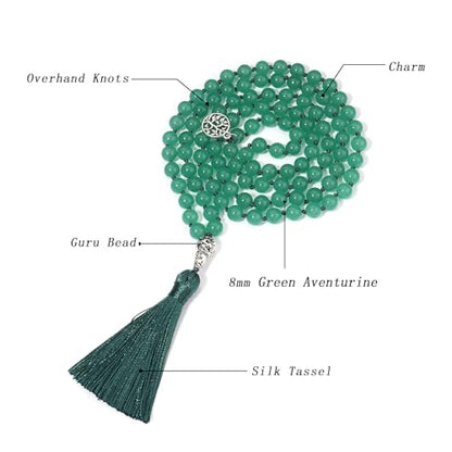108 Mala Beads Necklace Semi-Precious Gem Stones Meditation Necklace 108 Hand Knotted Japa Mala Beaded Tassel Necklace with Tree of Life Pendant - color: Green Aventurine