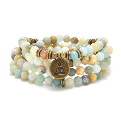 108 Mala Beads Bracelet Necklace with Yoga Symbol Buddha Charm – Gold-Plated Meditation Jewelry, Healing Stone, Ideal Spiritual Gift for Yoga & Meditation - style: Amazonite