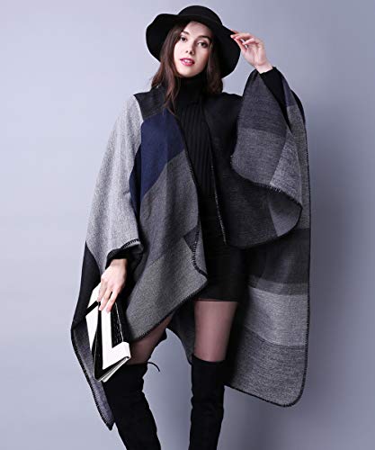 Women's Shawls and Wraps Open Front Poncho Cape Winter Sweater - color: A4-black