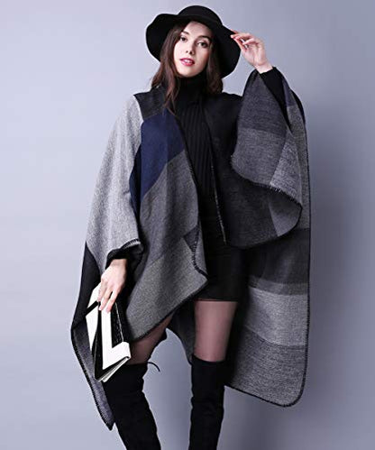 Women's Shawls and Wraps Open Front Poncho Cape Winter Sweater - color: A4-black