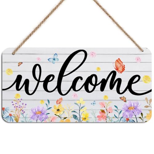 Spring Summer Wildflower Welcome Signs Wall Decor, Watercolor Butterfly Wooden Wall Art, Rustic Decorative Hanging Sign for Home Farmhouse Front Door, Housewarming Welcome Gifts - color: welcome 0710