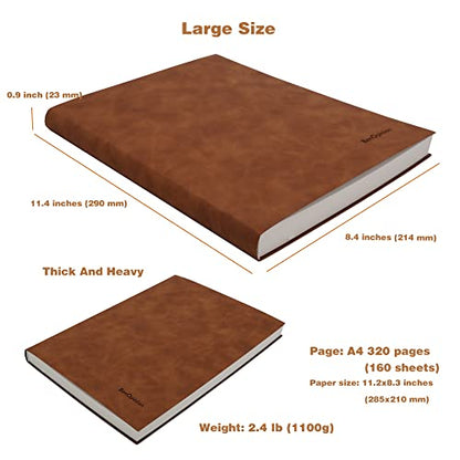 Large Blank Notebook Journal for Writing Drawing, Soft Faux Leather Cover, 100GSM Papers, 320 Pages, A4 8.4x11.4 inches Sketch Book(Brown, Plain) - color: Brown, Plain
