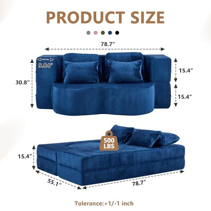 2-in-1 Folding Sofa Bed with Pillow, No Assembly Futon Twin Size Sofa Bed, Breathable Velvet Convertible Couch Bed for Living Room and Guest Room, 78.7 Inch, Blue - color: Blue-78.7", size: 2 seat