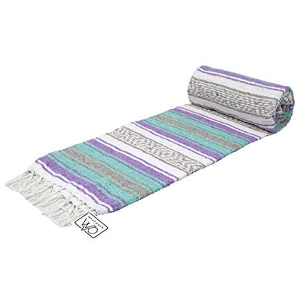 Open Road Goods Multi Color Mexican Falsa Blanket - Handwoven in Mexico - Great for The Beach, Picnics, Yoga, or a Throw! (Mint/Purple)