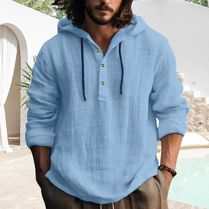 Mens Pullover Hoodie Linen Long Sleeve 4 Button Drawstring Causal Loose Lightweight Summer Beach Top - color: 4-sky Blue, size: Medium
