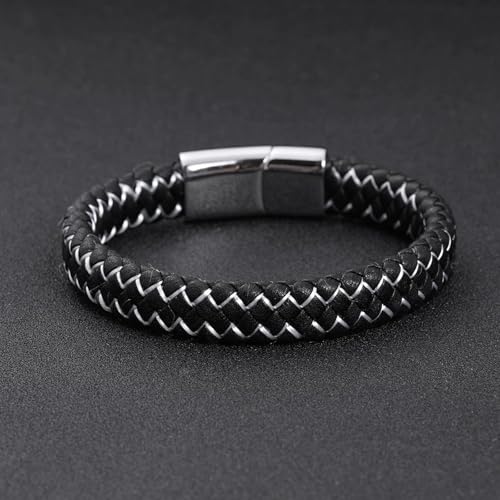 Men's Leather Bracelet, Stackable Stainless Steel Clasp Bracelets for Men Stylish Birthday, Thanksgiving, Valentine's Day Gift for My Man - style: 8" Black and White