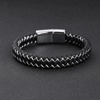Men's Leather Bracelet, Stackable Stainless Steel Clasp Bracelets for Men Stylish Birthday, Thanksgiving, Valentine's Day Gift for My Man - style: 8" Black and White