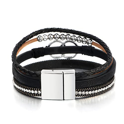 Fesciory Leopard Bracelet for Women, Boho Leather Wrap Multi-Layer Pearl Crystal Bracelet Bangle Jewelry - style: Double Circle(Black)