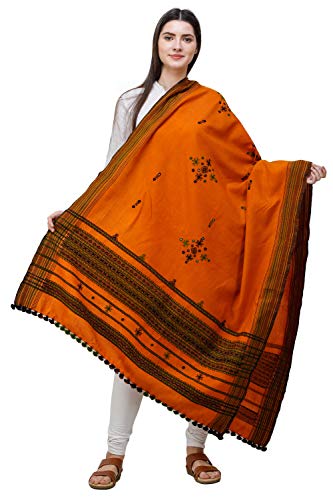 Exotic India Shawl from Kutch with Embroidered Bootis and Mirrors - Wool - color: Orange Ochre