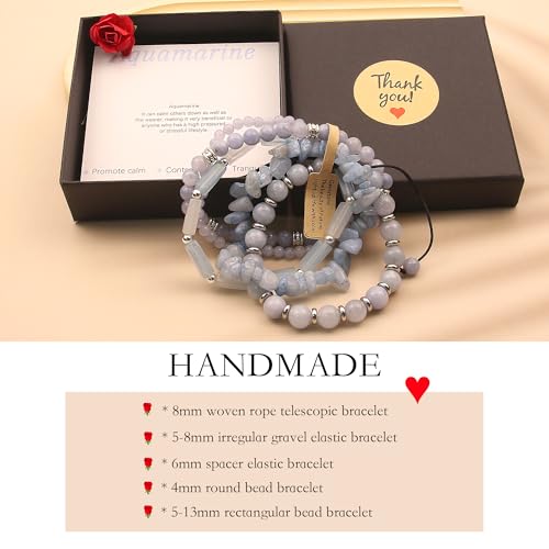 5Pcs Healing Crystal Bracelet for Women Men, Handmade Adjustable Gemstone Bracelets Beaded Reiki Energ Bracelet Set Jewelry Gifts for Women Men - color: Aquamarine