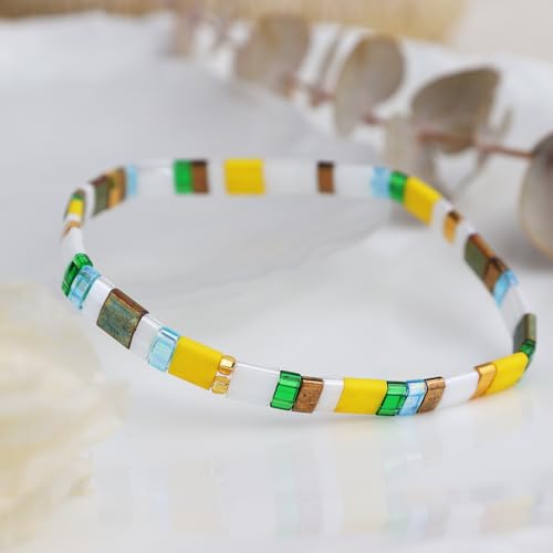 Tila Flat Beaded Stretch Bracelets for Women, Trendy Unique Handmade Stackable Green Blue Square Beads Miyuk Link Bracelet Summer Jewelry Gift - color: Yellow White