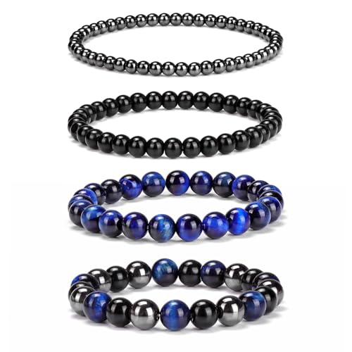 4pcs Beaded Bracelets for Women,Natural Healing Crystal Gemstones Bracelet,Anxiety Stress Relief Bracelet Handmade purple Jewelry Gifts for Women - color: lapis lazuli Tiger Eye&Black Obsidian&Hematite