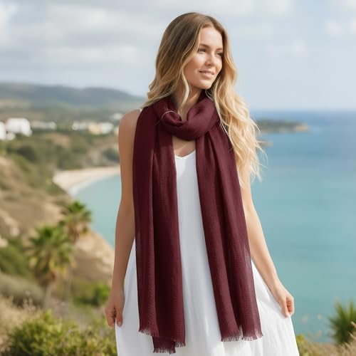 Nydotd Women Summer Cotton Linen Scarf Crinkle Long Beach Shawl Wrap hijab with Fringe - color: Deep Burgundy