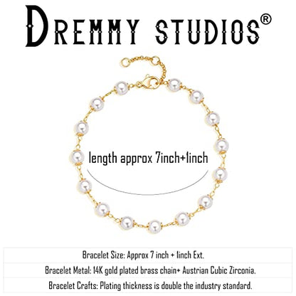 Dremmy Studios Gold Bracelet for Women 18K Gold Plated Dainty Paperclip Cubic Zirconia Disc Coin Star Cable Satellite Bead Pearl Simple Boho Minimalist Stacking Layered Link Jewelry Gift - color: Bead Pearl