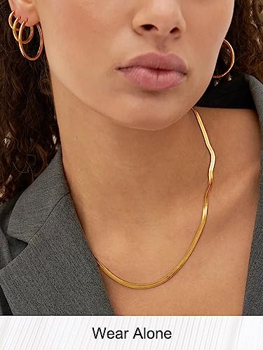 FOCALOOK 14K Gold Plated Necklaces for Women, Fashion Herringbone Choker Necklace Stainless Steel Flat Snake Chain 3/5MM(W) 12.5"/15"/18"+3.5"(L) - color: 3MM-14K Gold-12.5"