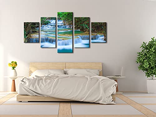 Wieco Art Peaceful Waterfall 5 Panels Large Canvas Paintings Wall Art Modern Gallery Wrapped Landscape Forest Giclee Canvas Print Artwork Photo Pictures for Living Room Bedroom Home Decorations L - size: 12x16inchx2pcs,12x24inchx2pcs,12x32inchx1pc