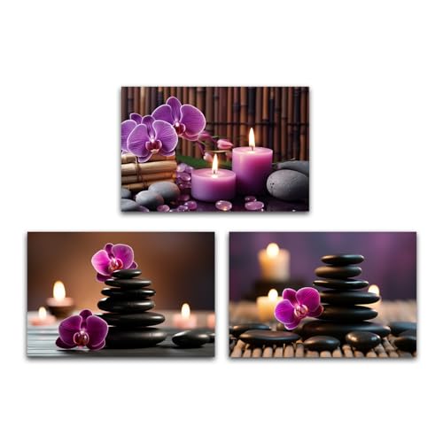 LZIMU Zen Wall Art Bathroom Decor 3 Panels Purple Orchid Candle and Zen Stones Canvas Prints Zen Meditation Painting for Yoga Spa Decor Framed (Zen-1, 12.00"x16.00"x3P) - color: Zen-1, size: 12.00"x16.00"x3P