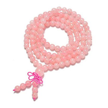 AD Beads 6mm Natural Healing Gemstones Buddhist 108 Prayer Mala Stretchy Bracelet Necklace - color: Rose Quartz
