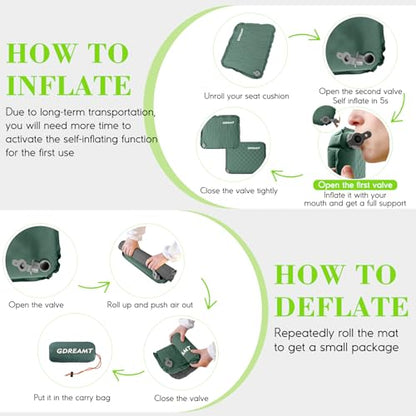 Inflatable Seat Cushion, Self-Inflating Memory Foam Stadium Seats Cushion Portable Camping Air-Foam Sitting Pad for Travel Airplane Car Bleachers Backpacking Office, Lightweight & Compact - color: 1 Pack Green