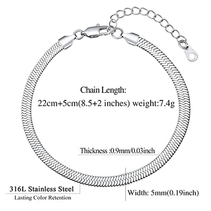 FindChic Elegant Herringbone Snake Chain Anklets/Bracelets 3MM/5MM Width Stainless Steel/18K Gold/Rose Gold Plated/Black 4 Color Options, 8.3'' 8.5'' 10.5'' Length, with Gift Box - color: A: 5mm 8.5'' anklet (Stainless Steel)