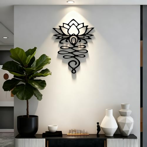 OQUQO Lotus Flower Wall Art, Black Metal Spiritual Home Decor, Meditation Room Sculpture for Living Room, Bedroom, Office (Black)
