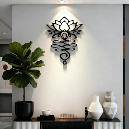OQUQO Lotus Flower Wall Art, Black Metal Spiritual Home Decor, Meditation Room Sculpture for Living Room, Bedroom, Office (Black)