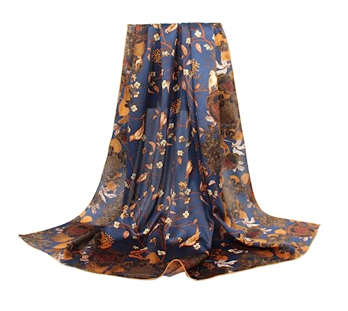 ANDANTINO 100% Silk Scarf 43" Large Square Lightweight Headscarf& Shawl–Women Hair Wraps-With Gift Packed - color: Blue-flower&birds