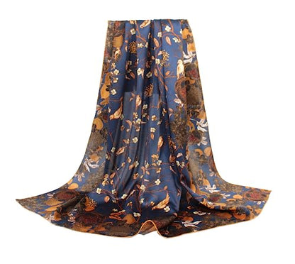 ANDANTINO 100% Silk Scarf 43" Large Square Lightweight Headscarf& Shawl–Women Hair Wraps-With Gift Packed - color: Blue-flower&birds