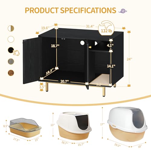 Hzuaneri Cat Litter Box Enclosure,Hidden Litter Box Furniture with Storage, Large Wooden Cabinet with Sisal Mat, Modern Cat Washroom for Living Room, Bedroom, Entryway, Black and Gold CB01504G - color: Black and Gold