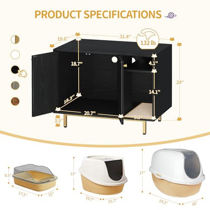 Hzuaneri Cat Litter Box Enclosure,Hidden Litter Box Furniture with Storage, Large Wooden Cabinet with Sisal Mat, Modern Cat Washroom for Living Room, Bedroom, Entryway, Black and Gold CB01504G - color: Black and Gold