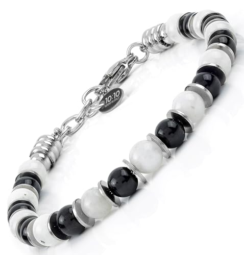 Beaded Bracelet for Men and Women – Natural Gemstone and Stainless Steel – Adjustable, Durable and Elegant – Made in Italy - color: Moonstone - Tourmaline
