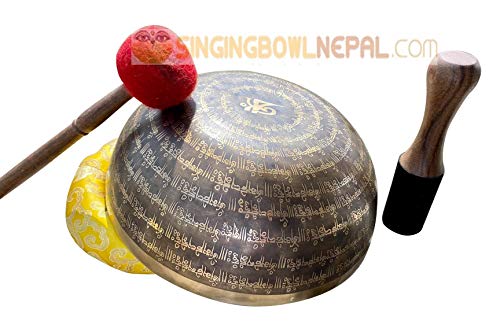 11" Healing Mantra Carved Buddha Root C Note Tibetan Singing Bowl, Hand Hammered Nepal Yoga Singing Bowls with Cushion & Mallet Striker