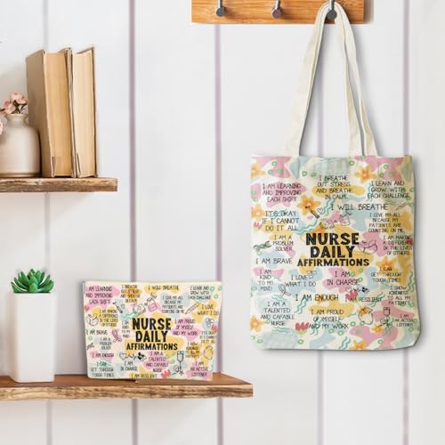 Daily Affirmations for Women, 2PCS Cosmetic Bag Canvas Tote Bag Beach Bags with Pocket Makeup Bags,Nurse Gifts for Nurses Women Nursing Student Female RN Nurse Coworker Birthday Friendship Nurse Day - color: Nurse Affirmations 0943