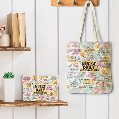 Daily Affirmations for Women, 2PCS Cosmetic Bag Canvas Tote Bag Beach Bags with Pocket Makeup Bags,Nurse Gifts for Nurses Women Nursing Student Female RN Nurse Coworker Birthday Friendship Nurse Day - color: Nurse Affirmations 0943