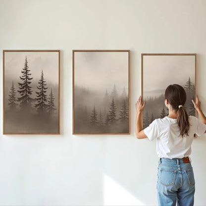 KYLESONLIE Misty Forest Framed Canvas Wall Art Set, Foggy Pine Tree Woodland Wall Decor, Calming Nature Zen Art Paintings, Minimalist Wood Landscape Artwork for Bedroom Living Room Office 16"x24"x3