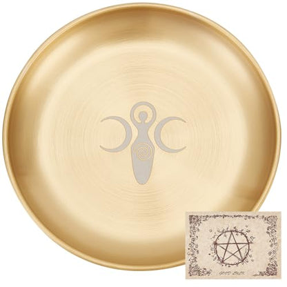 CREATCABIN Tarot Theme Altar Plate Moon Ritual Burning Candle Holder Bowls Offering Incense Aromatherapy Tray Ceremony Plate with Altar Card Home Decor for Witchcraft Wiccan Wedding Golden 5.55 Inch - style: Moon