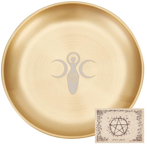 CREATCABIN Tarot Theme Altar Plate Moon Ritual Burning Candle Holder Bowls Offering Incense Aromatherapy Tray Ceremony Plate with Altar Card Home Decor for Witchcraft Wiccan Wedding Golden 5.55 Inch - style: Moon