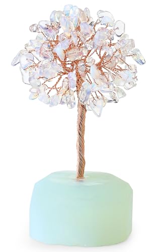 Opal Healing Crystals Tree of Life Decor - Natural Crystal Stone Reiki Gemstone White Opalite Base Copper Wire Home Office Decorations Spiritual Feng Shui Gift - color: Opal, size: 5.2 in