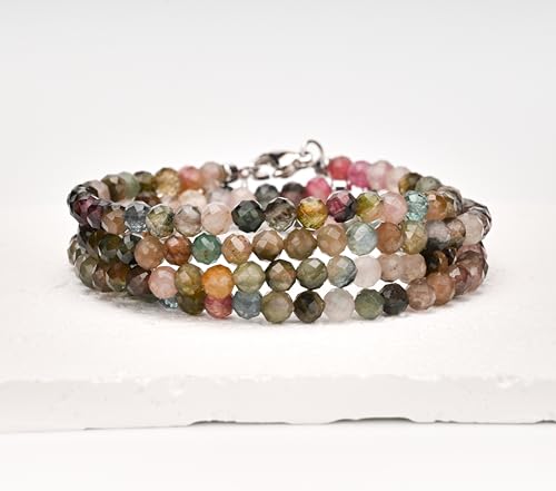 Crystal Bracelet for Women, Natural 4mm Faceted Beads Adjustable Bracelet, Small Beaded Healing Gemstone Bracelet - color: Multicolor Tourmaline