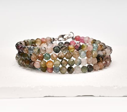 Crystal Bracelet for Women, Natural 4mm Faceted Beads Adjustable Bracelet, Small Beaded Healing Gemstone Bracelet - color: Multicolor Tourmaline