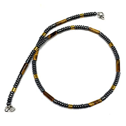 Healing Stress Anxiety Meditation Grounding Energy Gemstone Necklace Series - color: Tiger Eye & Hematite -4 mm- Stone Tube Beads