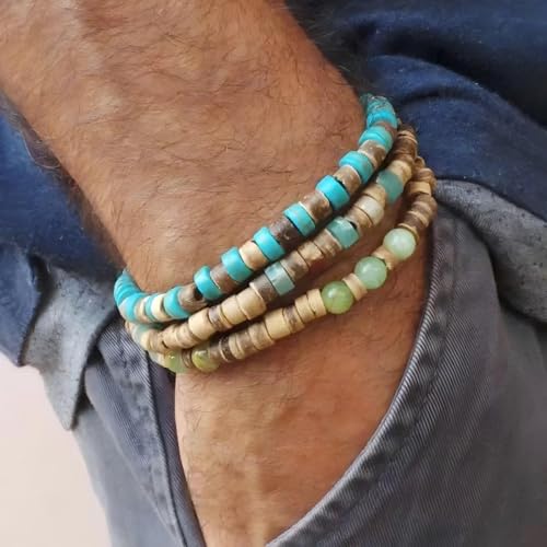 Puka Shell Bracelet for Men Wooden Bracelets Turquoise Stack Beaded Minimalist Trendy Jewelry for Friend Gift - style: 3pcs-Turquoise