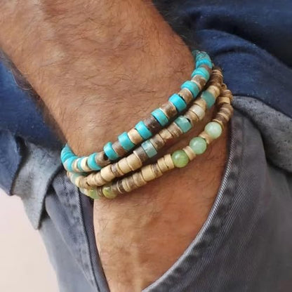 Puka Shell Bracelet for Men Wooden Bracelets Turquoise Stack Beaded Minimalist Trendy Jewelry for Friend Gift - style: 3pcs-Turquoise